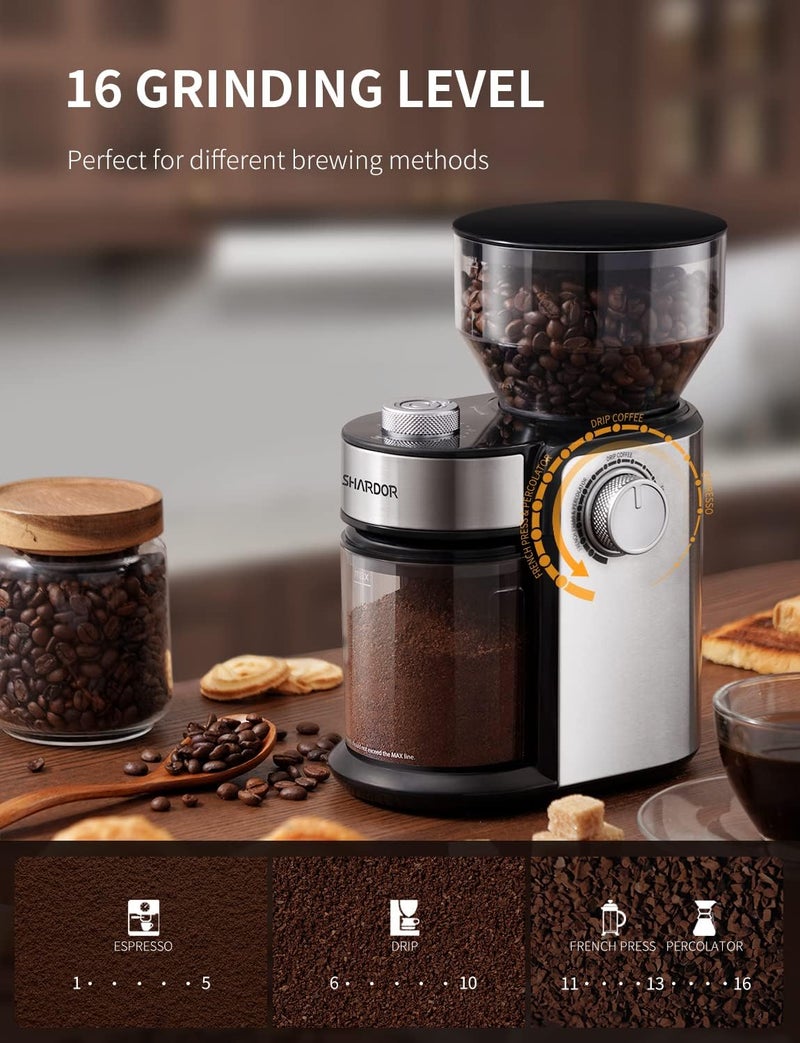 SHARDOR Burr Coffee Bean Grinder Electric, Adjustable Burr Mill with 16 Precise Grind Setting for 2-14 Cup, Silver - Image 2