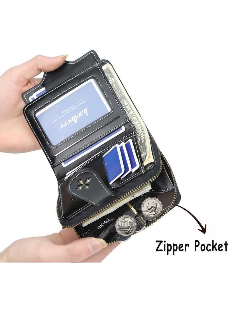 عام محفظة نسائية ثنائية الطية - محفظة جلدية بتصميم ريترو مع جيب نقدي بسحاب، محفظة سوداء مدمجة للنساء، محفظة أنيقة مع فتحات البطاقات، هدية موضة فريدة - Image 3