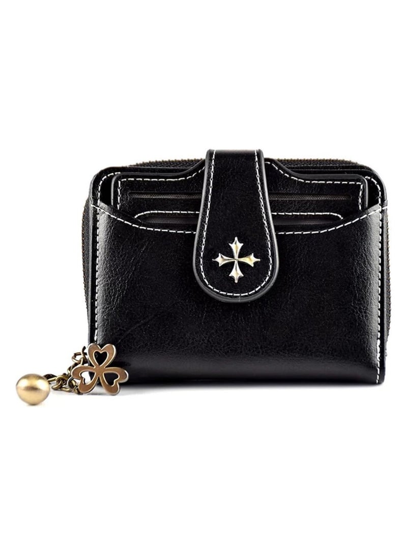 عام محفظة نسائية ثنائية الطية - محفظة جلدية بتصميم ريترو مع جيب نقدي بسحاب، محفظة سوداء مدمجة للنساء، محفظة أنيقة مع فتحات البطاقات، هدية موضة فريدة - Image 1