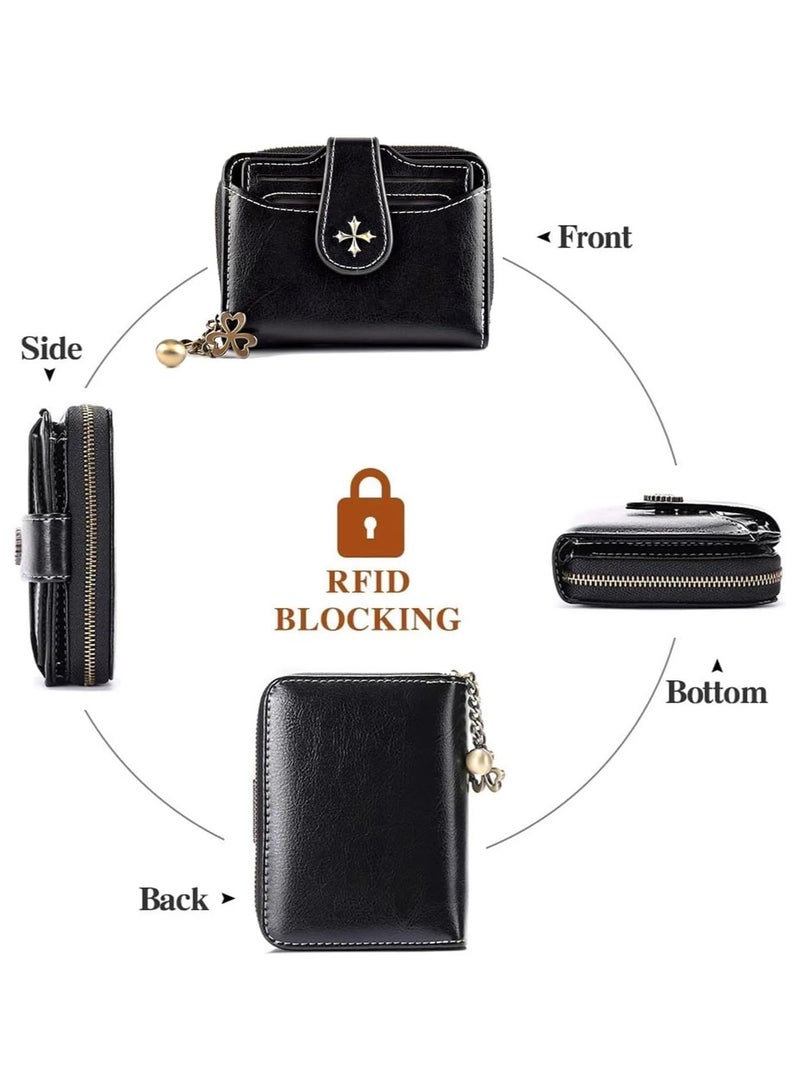 عام محفظة نسائية ثنائية الطية - محفظة جلدية بتصميم ريترو مع جيب نقدي بسحاب، محفظة سوداء مدمجة للنساء، محفظة أنيقة مع فتحات البطاقات، هدية موضة فريدة - Image 2