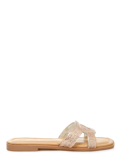 London Rag Rhinestones Embellished Flat Sandals in Rose Gold