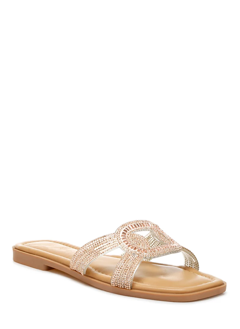 London Rag Rhinestones Embellished Flat Sandals in Rose Gold