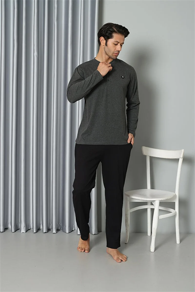 اكبينيز Men's Long Sleeve Combed Cotton Anthracite Pajama Set 6841