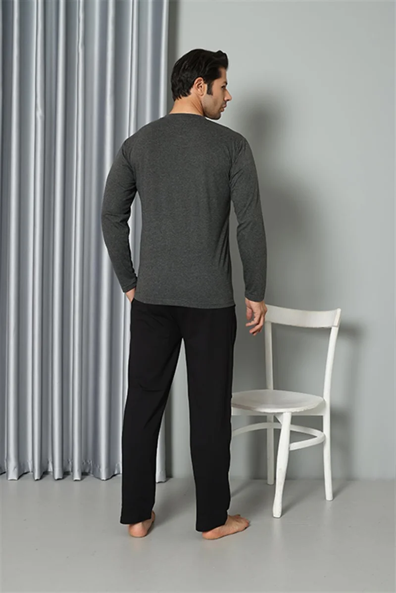 اكبينيز Men's Long Sleeve Combed Cotton Anthracite Pajama Set 6841