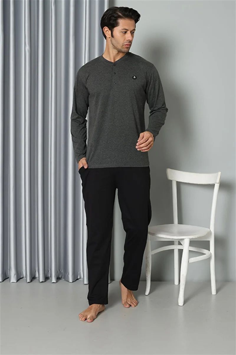 اكبينيز Men's Long Sleeve Combed Cotton Anthracite Pajama Set 6841