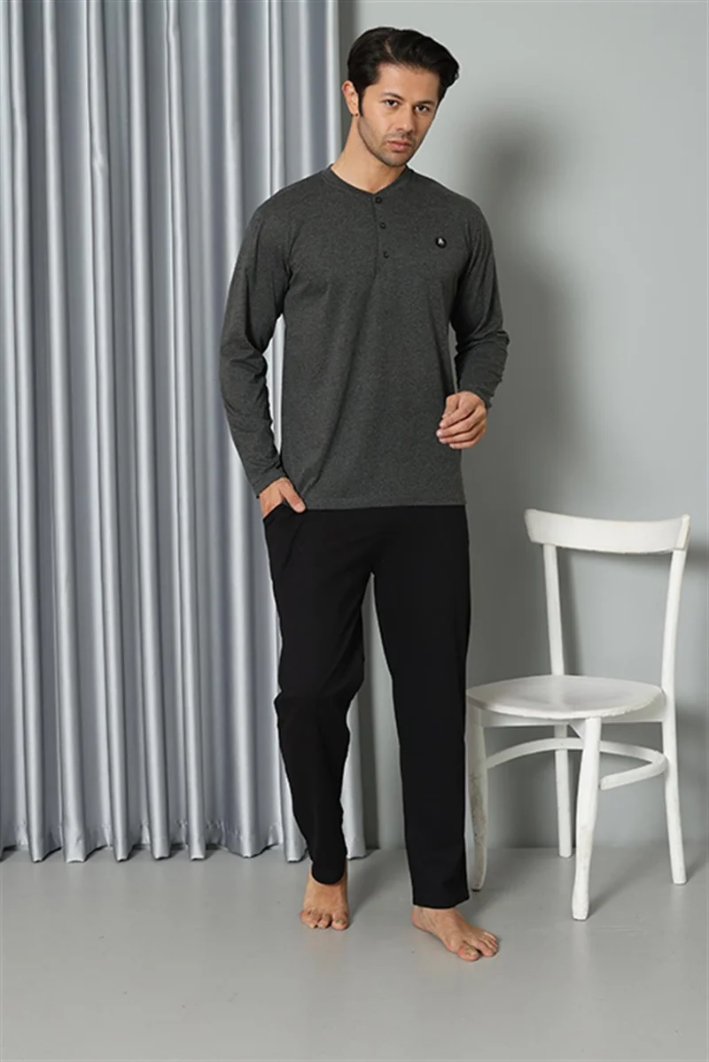 اكبينيز Men's Long Sleeve Combed Cotton Anthracite Pajama Set 6841