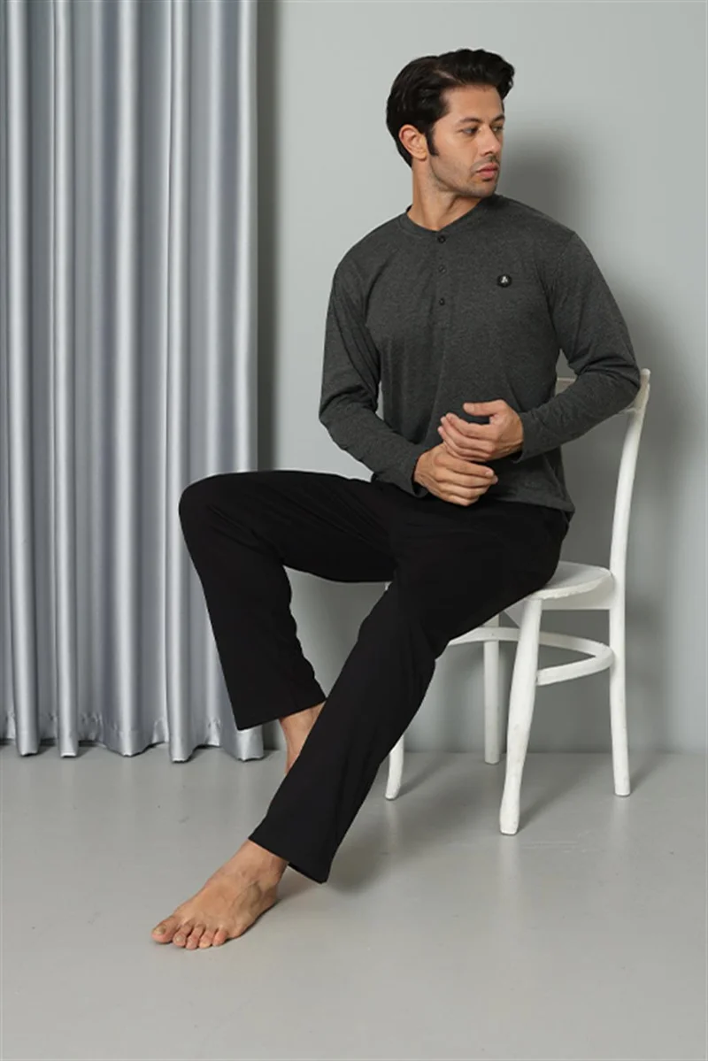 اكبينيز Men's Long Sleeve Combed Cotton Anthracite Pajama Set 6841