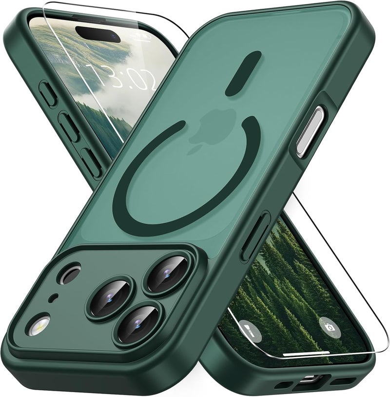 Vansdon Magnetic for iPhone 17 Pro Case with 1 Protective Glass, Compatible with Magsafe, Military Standard Drop Protection, Translucent Matte Back, Shockproof Mobile Phone Case, Dark Green - Image 1