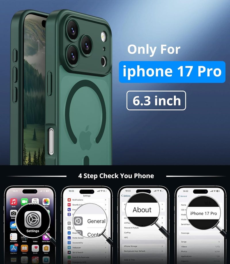 Vansdon Magnetic for iPhone 17 Pro Case with 1 Protective Glass, Compatible with Magsafe, Military Standard Drop Protection, Translucent Matte Back, Shockproof Mobile Phone Case, Dark Green - Image 4