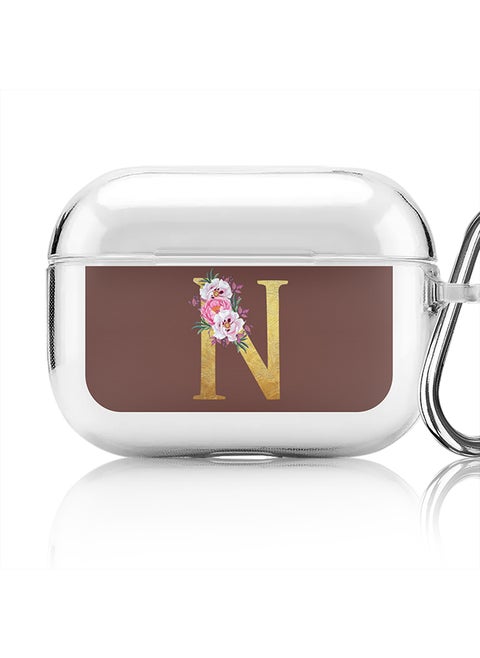 Classic Clear printed Case for Apple Airpods Pro Soft TPU Gel Thin Transparent Flexible Cover - Custom Monogram Initial Letter Floral Pattern Alphabet - N (Brown )