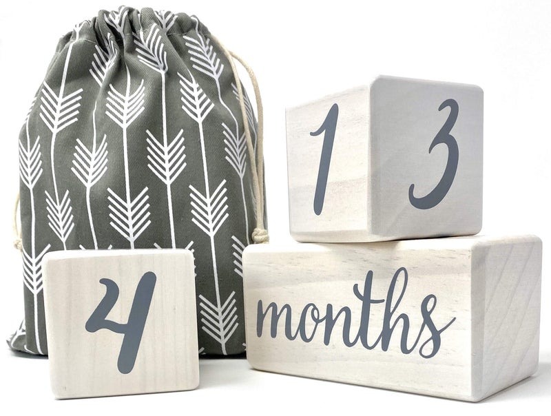 Pondering Pine Baby Milestone Blocks - Natural White Stain Pine Wood with Weeks Months Years Grade - Milestones Age Block Set with Bag, Newborn Weekly Monthly First Year Picture Props, Earth Friendly - Image 1