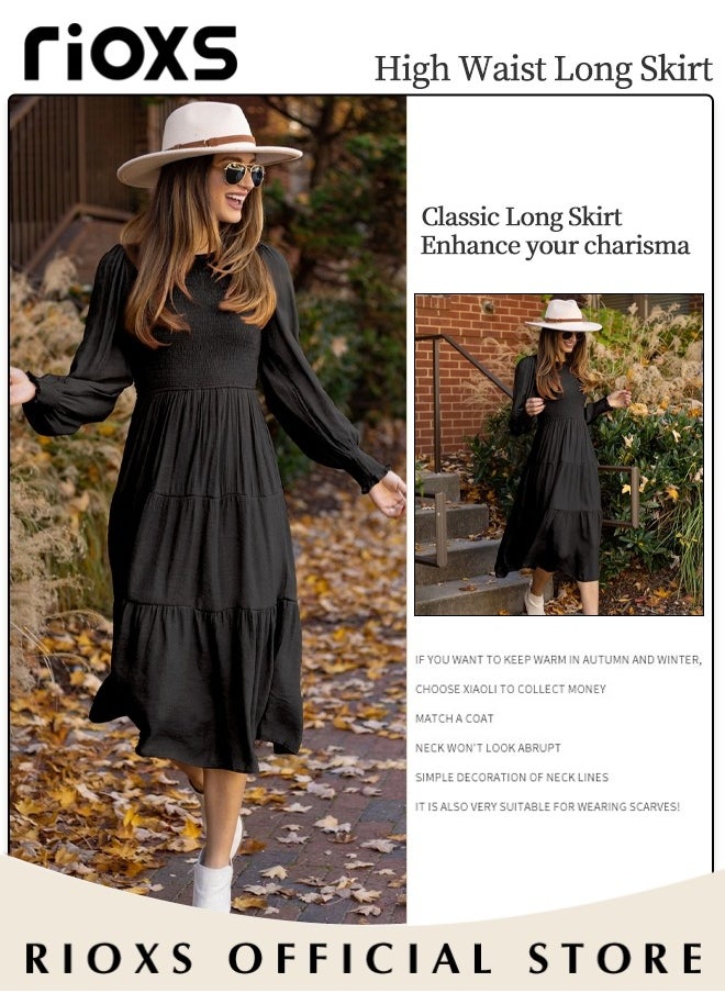 RIOXS - Women'sMaxi Dresses,Crew Neck Fall Dress,Casual Long Sleeve Bohemian Dresses,Relaxed Fit Tiered Dress For Women,Ladies A-Line Wrap Dress or Party/Wedding/Feast/Business/Daily Wear - Image 1