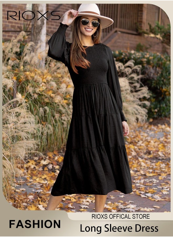 RIOXS - Women'sMaxi Dresses,Crew Neck Fall Dress,Casual Long Sleeve Bohemian Dresses,Relaxed Fit Tiered Dress For Women,Ladies A-Line Wrap Dress or Party/Wedding/Feast/Business/Daily Wear - Image 1