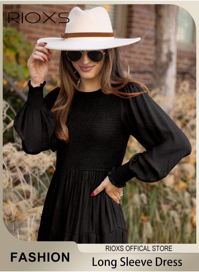 RIOXS - Women'sMaxi Dresses,Crew Neck Fall Dress,Casual Long Sleeve Bohemian Dresses,Relaxed Fit Tiered Dress For Women,Ladies A-Line Wrap Dress or Party/Wedding/Feast/Business/Daily Wear - Image 1