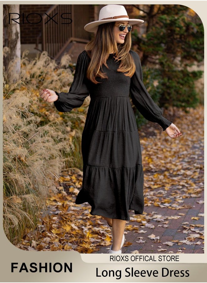 RIOXS - Women'sMaxi Dresses,Crew Neck Fall Dress,Casual Long Sleeve Bohemian Dresses,Relaxed Fit Tiered Dress For Women,Ladies A-Line Wrap Dress or Party/Wedding/Feast/Business/Daily Wear - Image 1