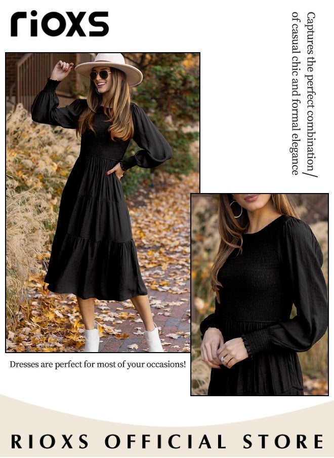 RIOXS - Women'sMaxi Dresses,Crew Neck Fall Dress,Casual Long Sleeve Bohemian Dresses,Relaxed Fit Tiered Dress For Women,Ladies A-Line Wrap Dress or Party/Wedding/Feast/Business/Daily Wear - Image 1