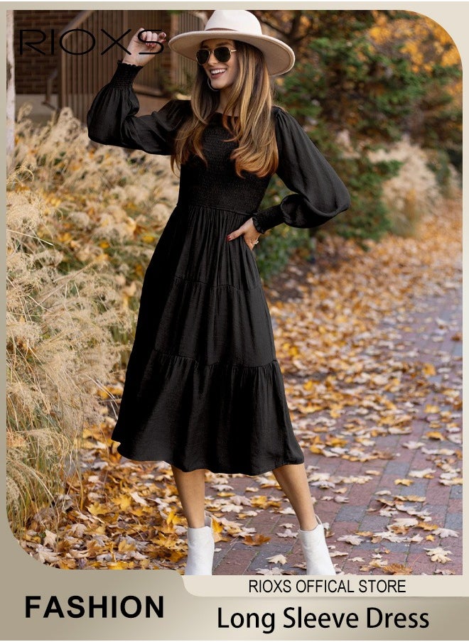 RIOXS - Women'sMaxi Dresses,Crew Neck Fall Dress,Casual Long Sleeve Bohemian Dresses,Relaxed Fit Tiered Dress For Women,Ladies A-Line Wrap Dress or Party/Wedding/Feast/Business/Daily Wear - Image 1