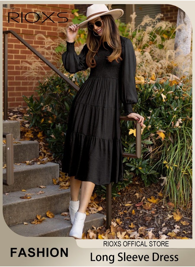 RIOXS - Women'sMaxi Dresses,Crew Neck Fall Dress,Casual Long Sleeve Bohemian Dresses,Relaxed Fit Tiered Dress For Women,Ladies A-Line Wrap Dress or Party/Wedding/Feast/Business/Daily Wear - Image 1