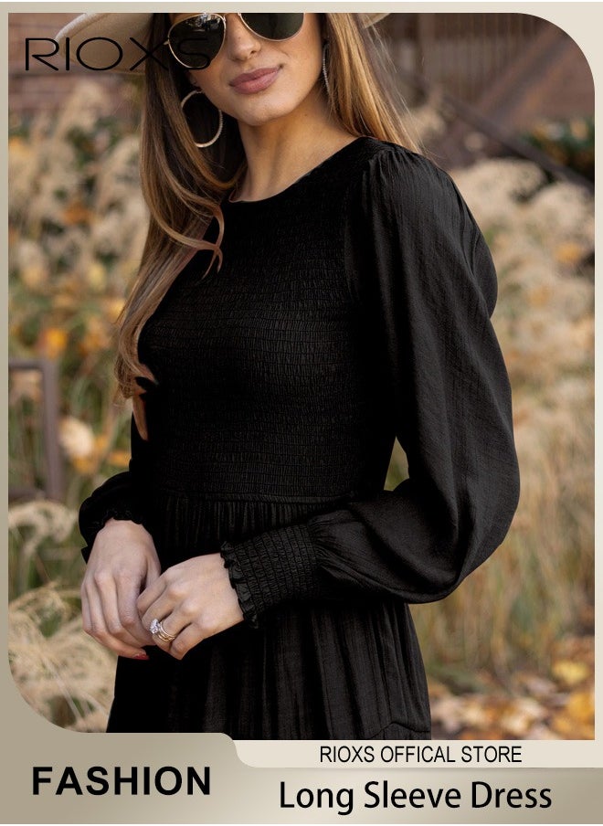 RIOXS - Women'sMaxi Dresses,Crew Neck Fall Dress,Casual Long Sleeve Bohemian Dresses,Relaxed Fit Tiered Dress For Women,Ladies A-Line Wrap Dress or Party/Wedding/Feast/Business/Daily Wear - Image 1