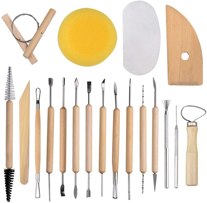 deziine DEZIINE Sculpting Tools 19Piece Pottery Carving Tools Set DoubleSided Ceramic Modeling Tools for Clay and Wood Sculptures for Beginners Professional Art Crafts Steel and Hard Wood Handles  - Image 1