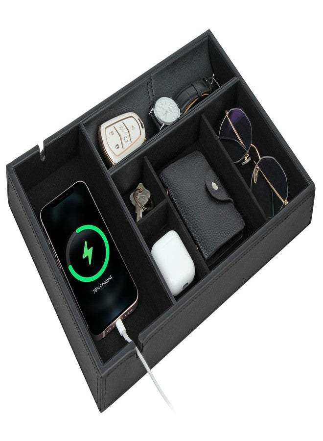 HofferRuffer Faux Leather Valet Tray for Gift, Nightstand Organizer Decorative Dresser Tray Box with Phone Charging Station, Storage Catchall for Men and Women (Black Organizer) - Image 1