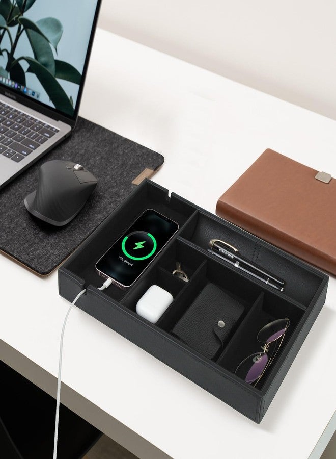 HofferRuffer Faux Leather Valet Tray for Gift, Nightstand Organizer Decorative Dresser Tray Box with Phone Charging Station, Storage Catchall for Men and Women (Black Organizer) - Image 3