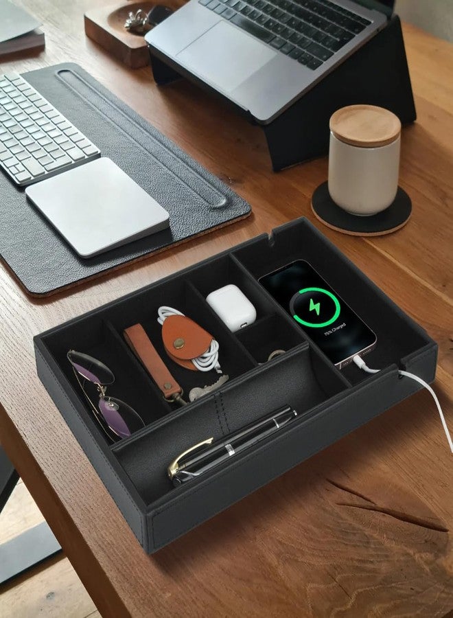 HofferRuffer Faux Leather Valet Tray for Gift, Nightstand Organizer Decorative Dresser Tray Box with Phone Charging Station, Storage Catchall for Men and Women (Black Organizer) - Image 4