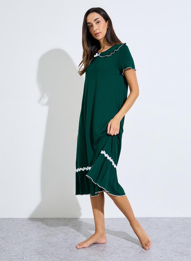 Styli Green Short Sleeve Ruffle Trim Nightdress - Image 1