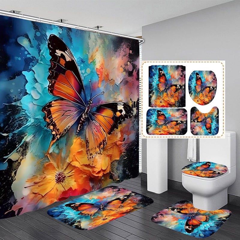 Pretyw 4 Pcs Shower Curtains Set with Non-Slip Rugs-Black Butterfly - Image 1