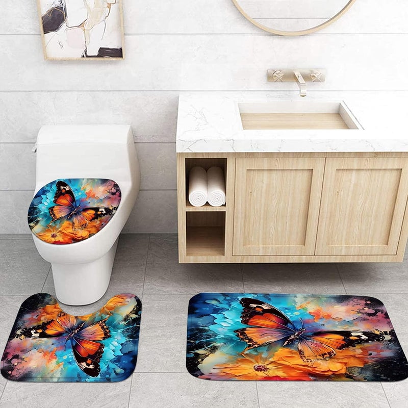 Pretyw 4 Pcs Shower Curtains Set with Non-Slip Rugs-Black Butterfly - Image 2
