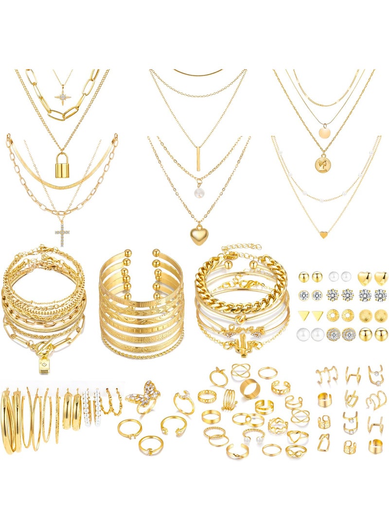 93 جهاز كمبيوتر شخصي المجوهرات الذهبية مجموعة للمرأة زي المجوهرات حزمة قلادة مطلية بالذهب سوار حلقة قابلة للتراكم أقراط المجوهرات لعيد الميلاد السنة الجديدة - Image 1