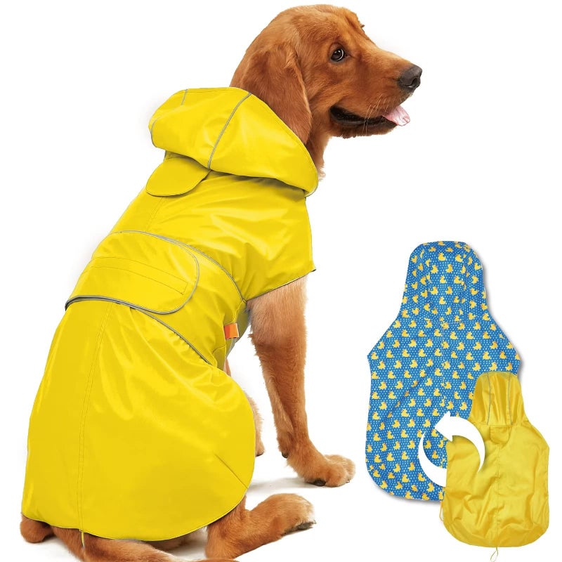 Kimee Dog Raincoat Reversible, Single Side Slicker Poncho Adjustable Waterproof Dog Rain Jacket with Leash Hole/Reflective Stripe Hooded Snowproof Windproof Clothes for Small to 3X-Large Dogs, L - Image 1