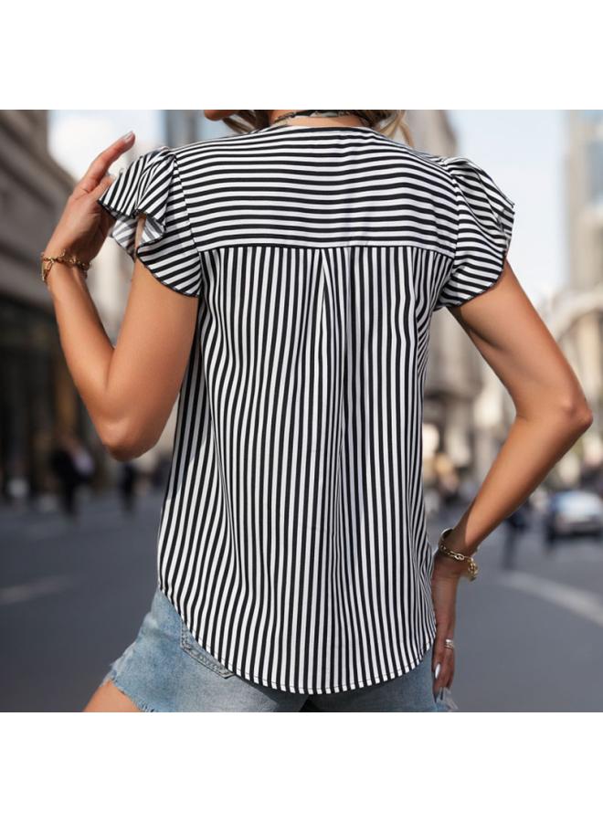 VUELO Summer New Contrast Color Vertical Stripe Stitching Shirt European And American Women's Lotus Leaf Sleeve Pullover Shirt  - Image 4