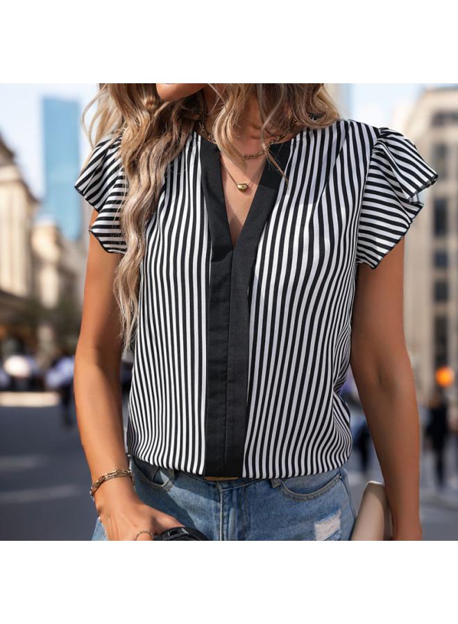 VUELO Summer New Contrast Color Vertical Stripe Stitching Shirt European And American Women's Lotus Leaf Sleeve Pullover Shirt  - Image 3