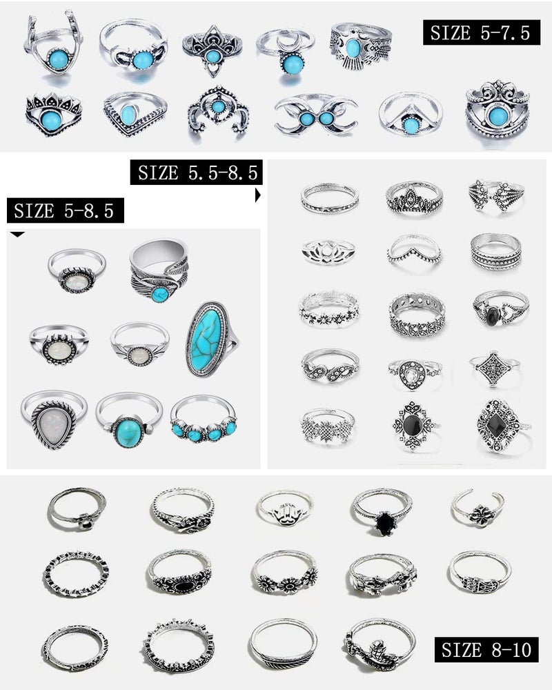 JELIEE 48 Pcs Vintage Turquoise Rings Set - Silver Knuckle, Western, Boho Oval Gemstone Midi Stacking Rings for Women - Image 2