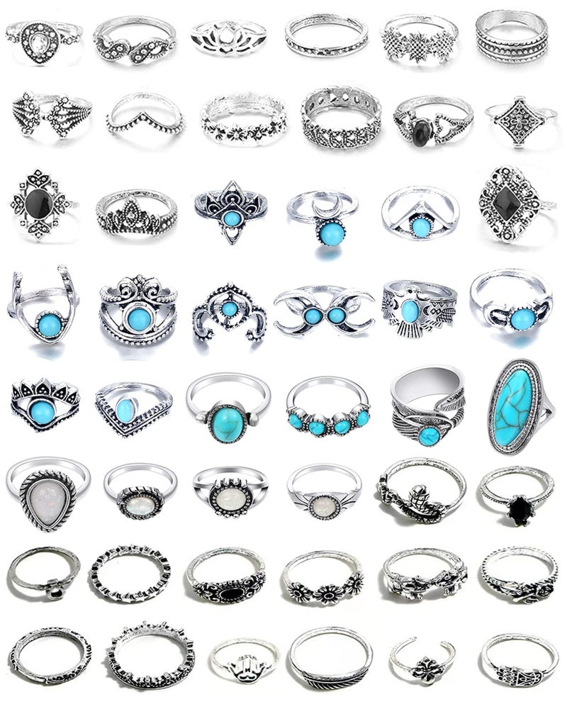 JELIEE 48 Pcs Vintage Turquoise Rings Set - Silver Knuckle, Western, Boho Oval Gemstone Midi Stacking Rings for Women - Image 1