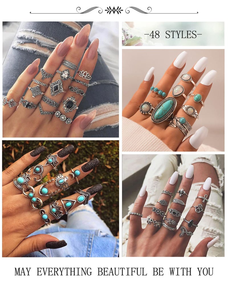 JELIEE 48 Pcs Vintage Turquoise Rings Set - Silver Knuckle, Western, Boho Oval Gemstone Midi Stacking Rings for Women - Image 3