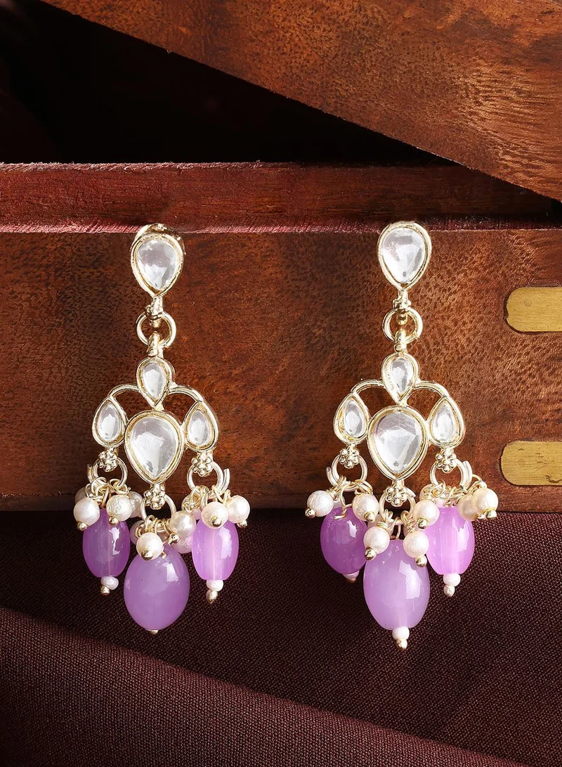ISHIN Lavender Beads Kundan Drop Push Back Warm Metallic Plated Earrings