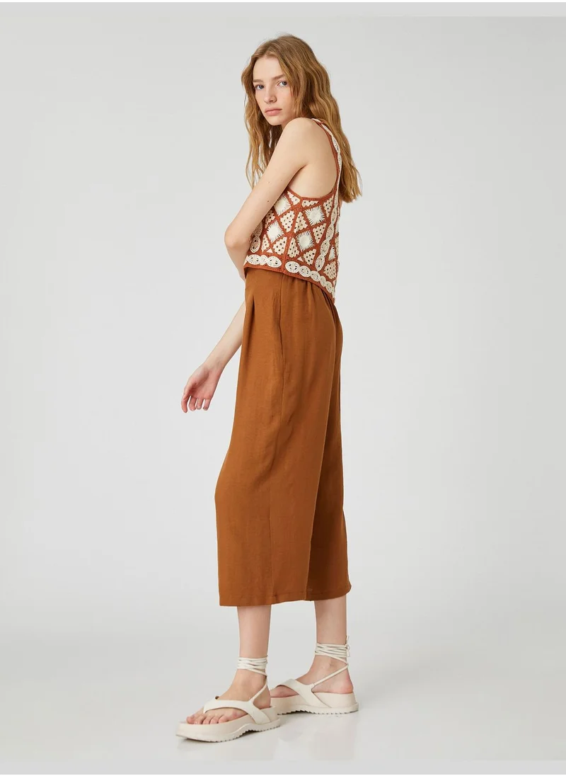 كوتون Pleated Crop Culotte Wide Leg Trousers