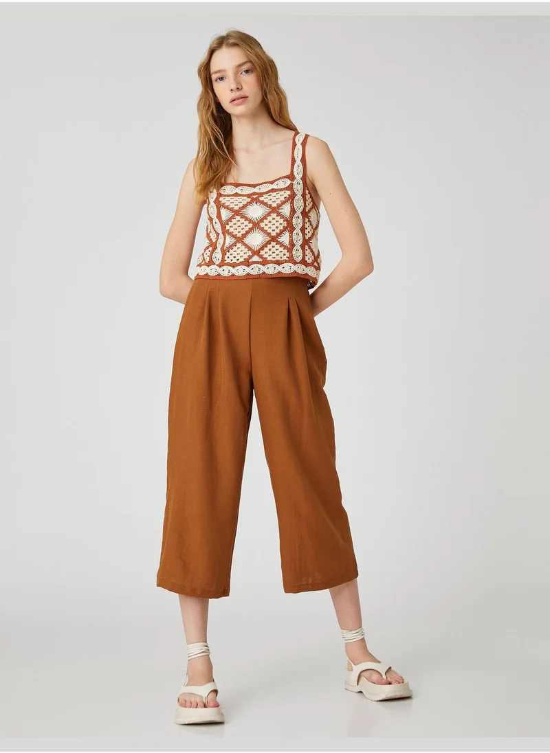 كوتون Pleated Crop Culotte Wide Leg Trousers