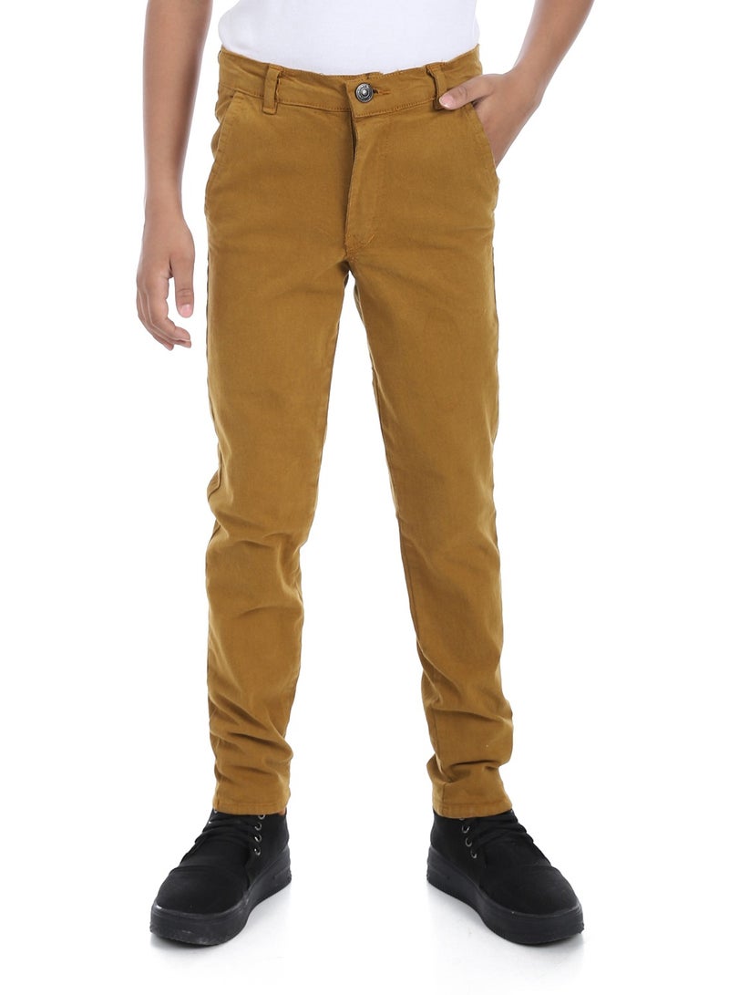 Andora Fly Zipper Button Closure Gabardine Boys Pants _ Dark Camel - Image 1