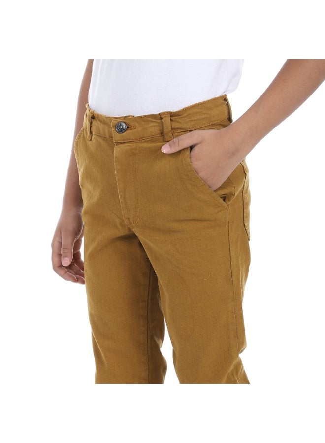 Andora Fly Zipper Button Closure Gabardine Boys Pants _ Dark Camel - Image 4