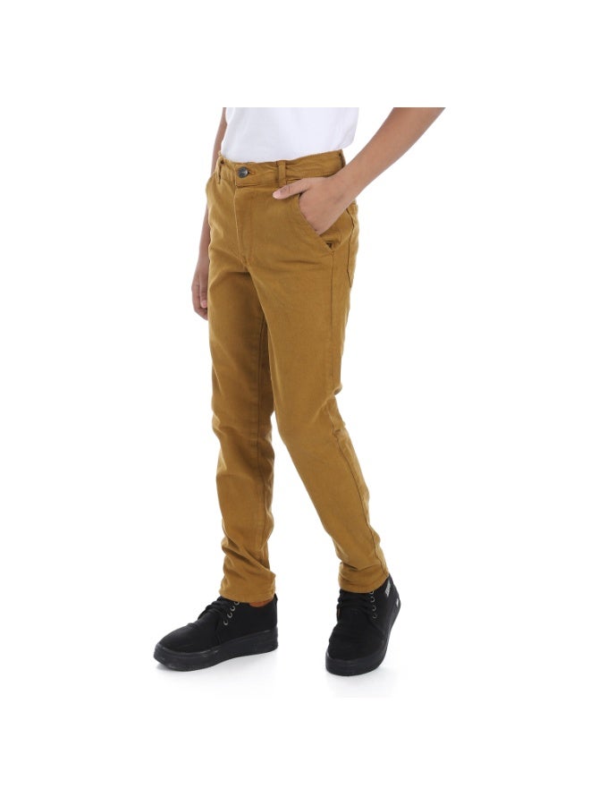 Andora Fly Zipper Button Closure Gabardine Boys Pants _ Dark Camel - Image 5