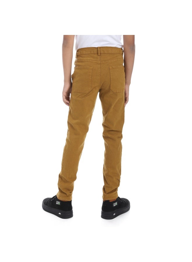 Andora Fly Zipper Button Closure Gabardine Boys Pants _ Dark Camel - Image 3