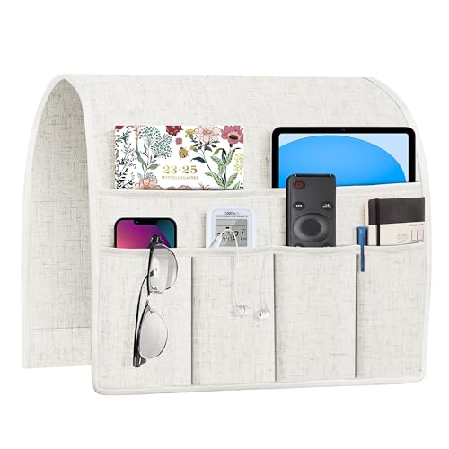 Joywell Remote Holder for Recliner Armchair Caddy Couch Armrest Remote Control Holder Non Slip Sofa Arm Chair Caddie with 6 Pocket for Magazine, Tablet, Phone, iPad, Think Linen, Natural - Image 1