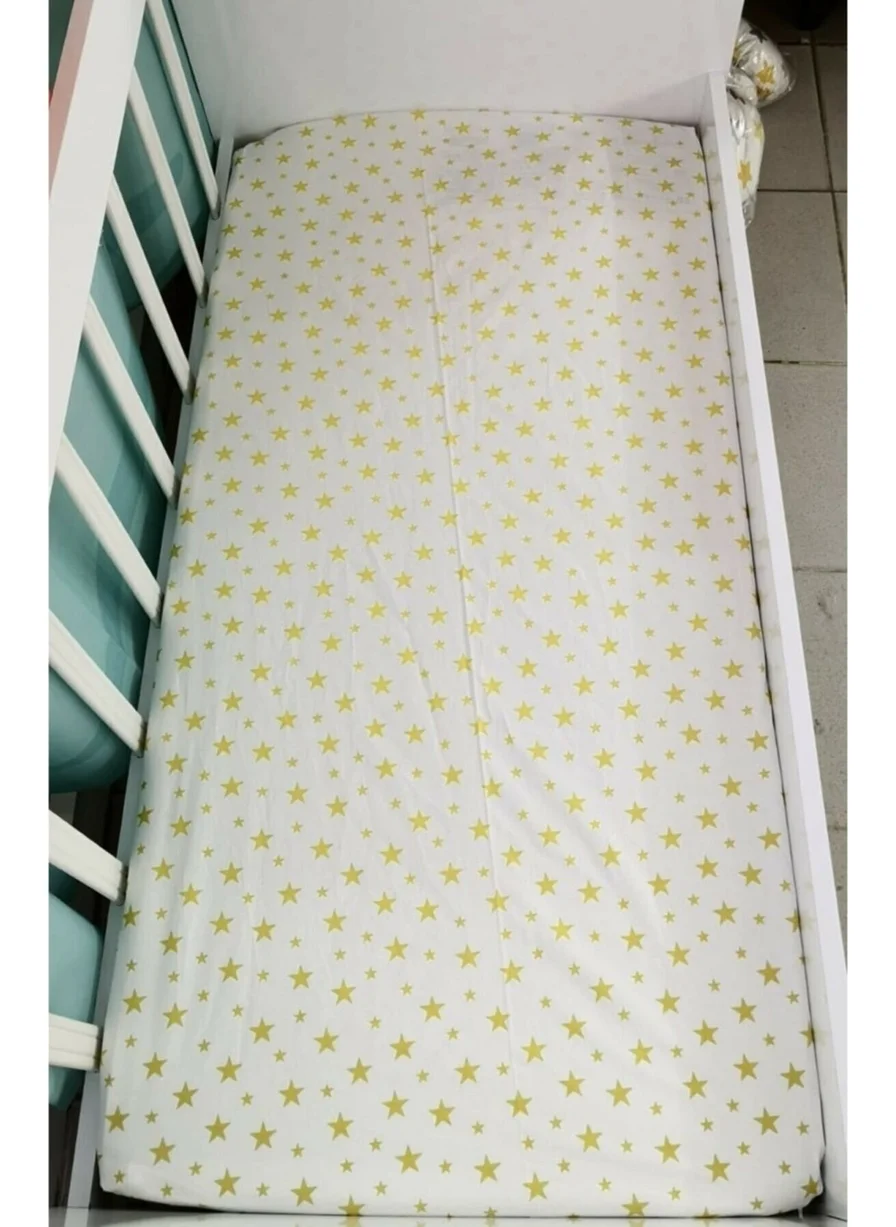 Bebek Özel Baby Special 100% Cotton Baby and Kids Elastic Bed Sheet White Background with Yellow Stars 100X200