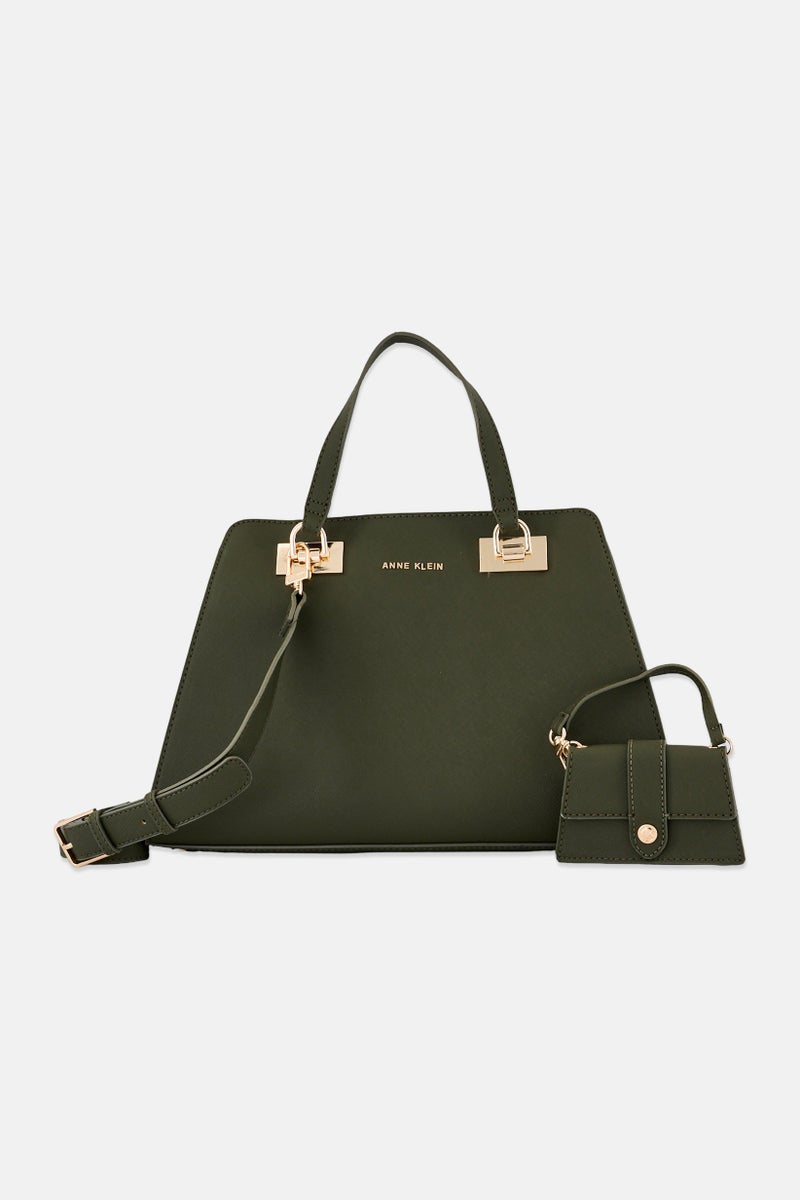 ANNE KLEIN Women Brand Logo Sandy Satchel Bag With Coin Purse, Dark Olive - Image 1