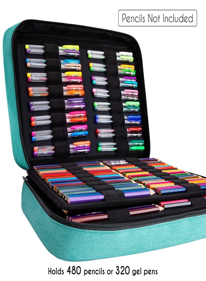 YOUSHARES Organizer Color Pencil 480 Slots - Pen Case Organizer with Handy Wrap & Zipper, Multilayer Holder for Prismacolor Colored Pencils & Gel Pen (Green) - Image 2