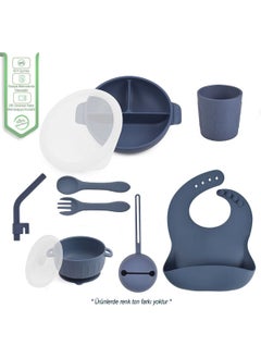 Silicone Feeding Set Food Plate, Bowl, Pipette, Pacifier Case, Fork and Spoon, Cup/dark blue