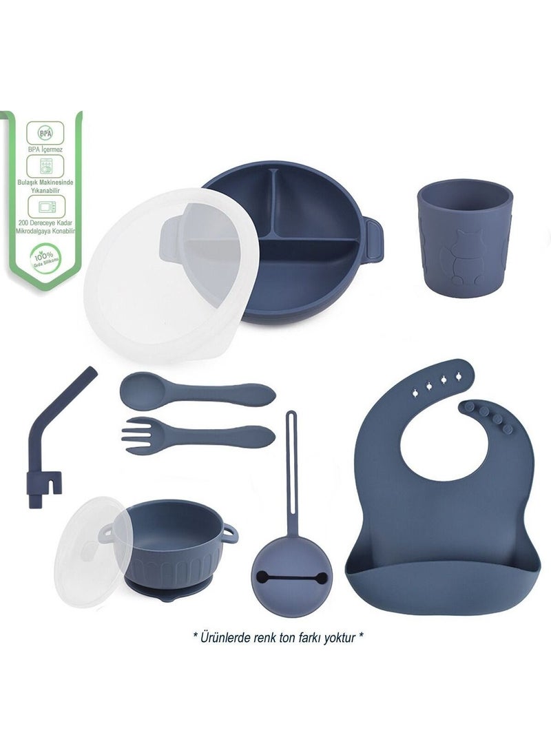 Jojobebek - Silicone Feeding Set Food Plate, Bowl, Pipette, Pacifier Case, Fork and Spoon, Cup/dark blue - Image 1
